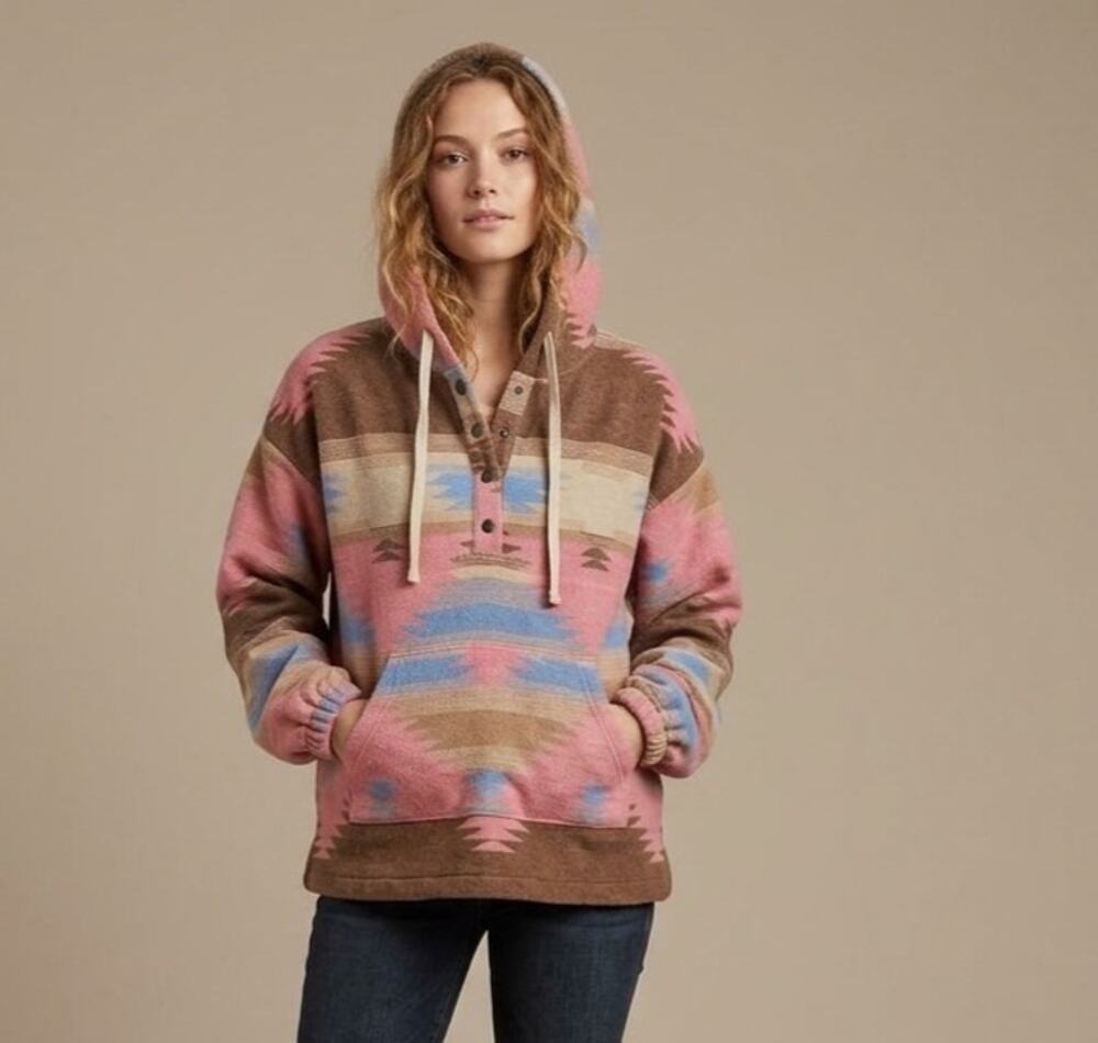 New In - Aztec Western Tribal Fleece Hoodie Pullover Pink Brown M